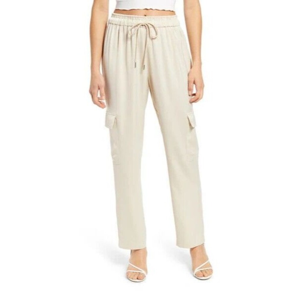 WAYF Harbour Cargo Jogger Pants Beige Satin Elastic High Waisted Size Small